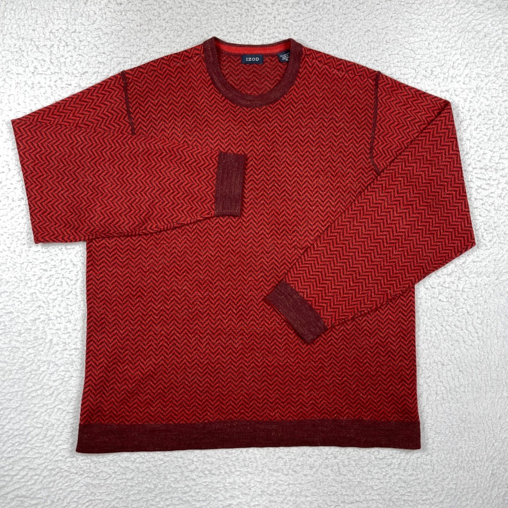 IZOD Sweater Mens XL Red Chevron Crew Neck Knit Preppy Classic Academic Cozy